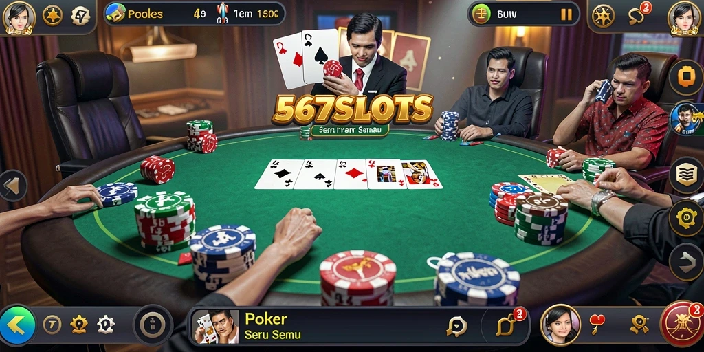 Screenshot utama 567SLOTS menampilkan suasana permainan Poker yang mendebarkan.