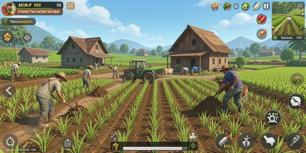 Tampilan gameplay AKUNJP yang memukau dengan suasana pertanian.