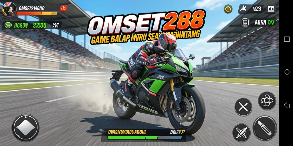 Screenshot utama OMSET288 menunjukkan balapan motor yang seru.