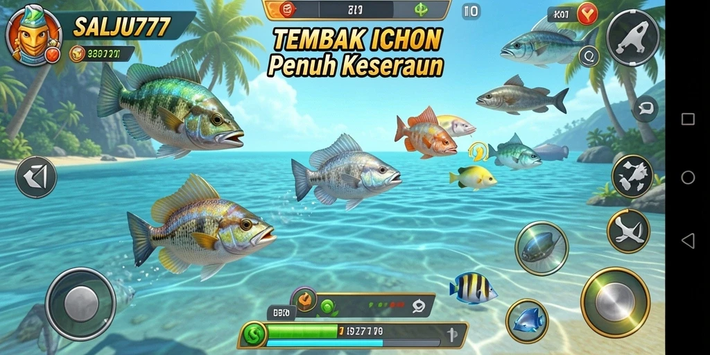 Tampilan gameplay menarik dari SALJU777 saat menangkap ikan.