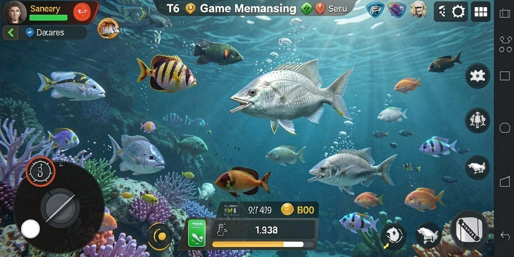 Screenshot gameplay T6 yang menunjukkan aktivitas memancing yang seru dan menantang.